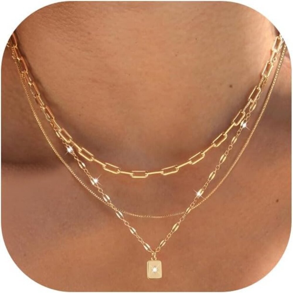 Women's Trendy 3 Pcs 14K Gold Plated Choker Paperclip Box Chain Necklace